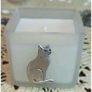 NWT Pewter Cat on Frosted Glass Candle Holder w/ White Candle